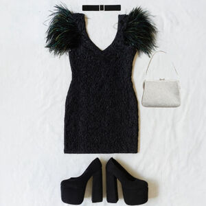 Vintage 90s Betsy & Adam Little Black Party Dress Feathers